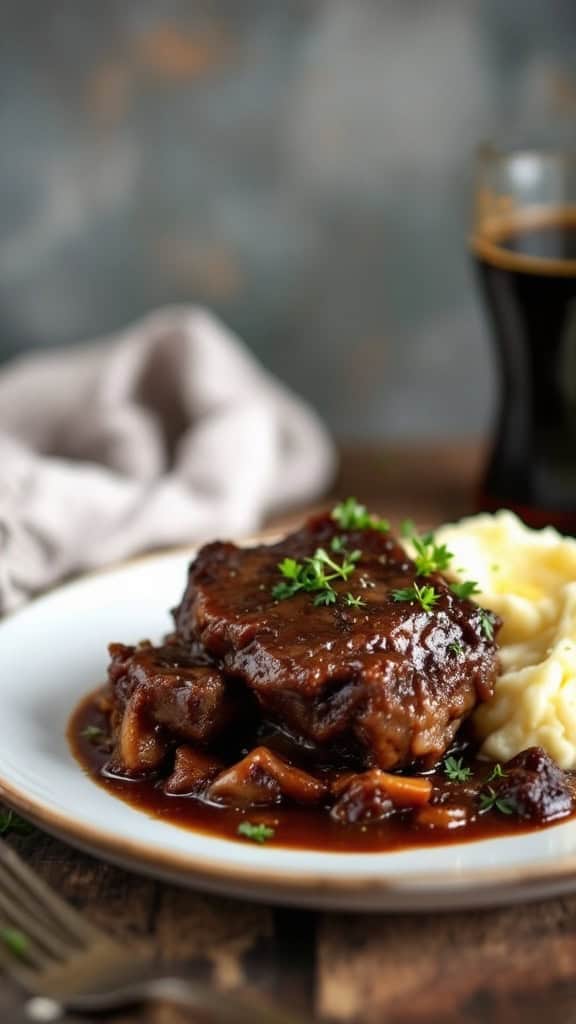 Plate of stout braised short ribs served with mashed potatoes and garnished with herbs.