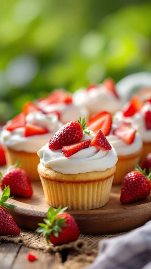 Strawberry shortcake cupcakes topped with fresh strawberries