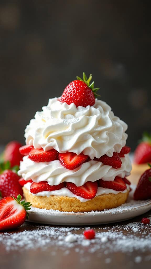 A beautiful strawberry shortcake topped with whipped cream and fresh strawberries.
