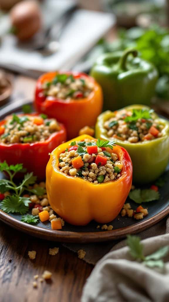 Colorful stuffed bell peppers filled with quinoa and vegetables on a plate.