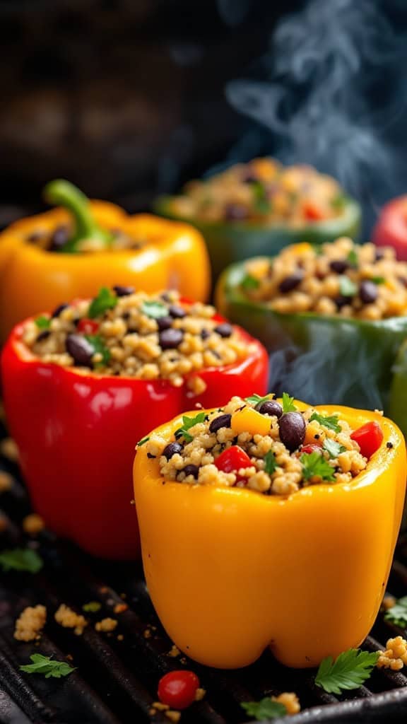 Stuffed bell peppers filled with quinoa and black beans, colorful and grilled.