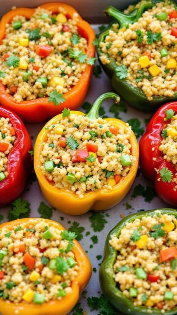 A tray of colorful stuffed bell peppers filled with quinoa and veggies.