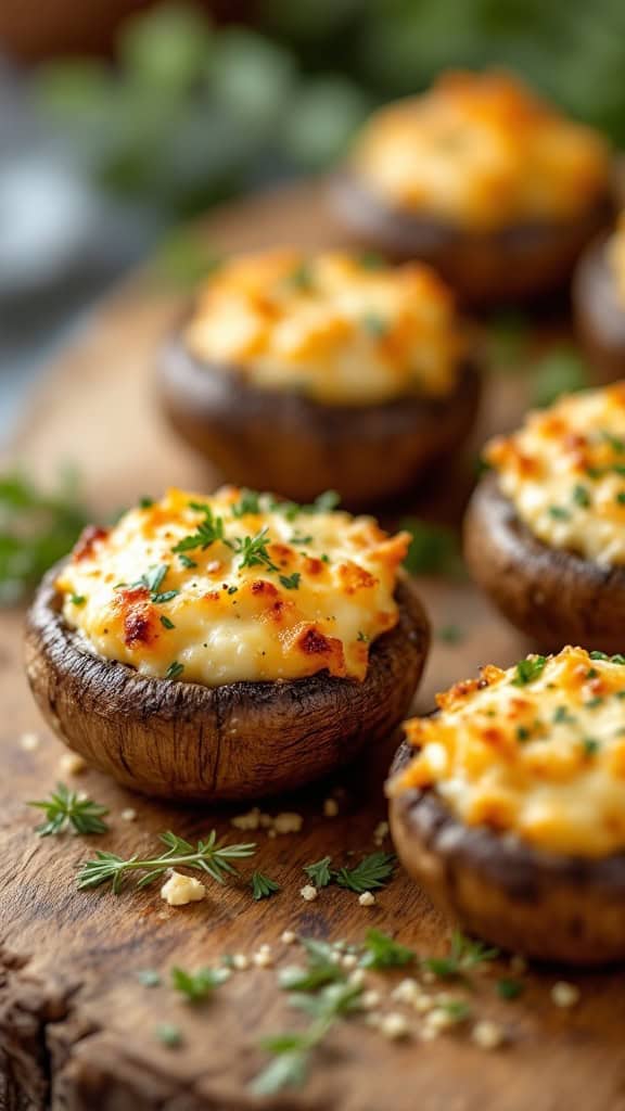 Delicious stuffed mushrooms topped with cheese and herbs.