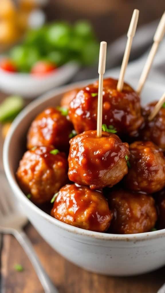 A bowl of sweet and spicy BBQ meatballs with toothpicks, garnished with green onions.