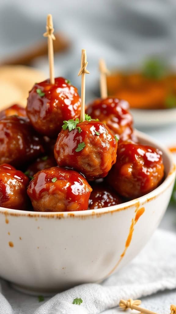 A bowl of sweet and spicy BBQ meatballs with toothpicks for serving.