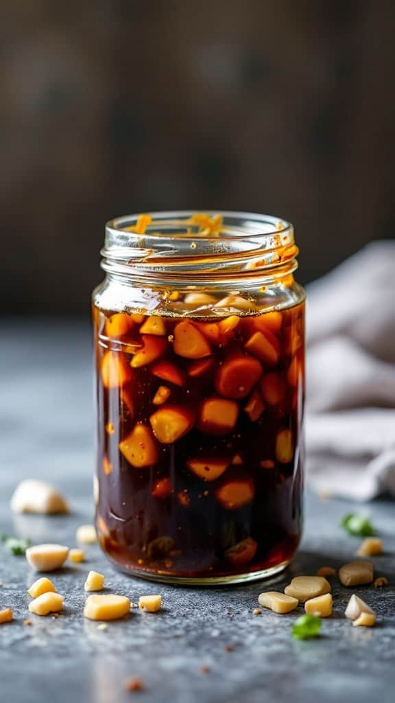 A jar of sweet and tangy teriyaki marinade with chopped garlic and green onions.