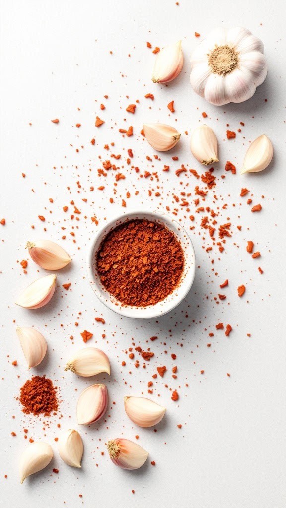 Bowl of red chili powder surrounded by garlic cloves
