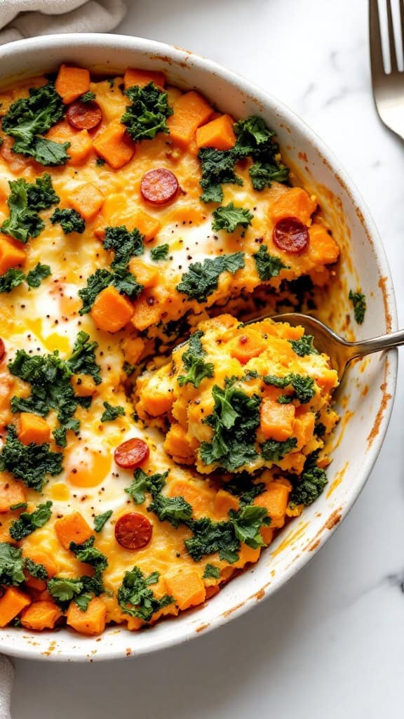 A close-up of a Sweet Potato and Kale Breakfast Bake, showing sweet potato chunks, kale, and eggs baked together.