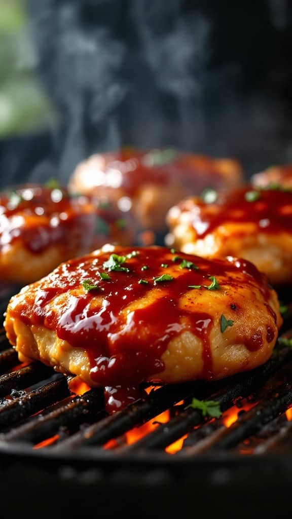 Grilled chicken thighs coated in BBQ sauce on a grill