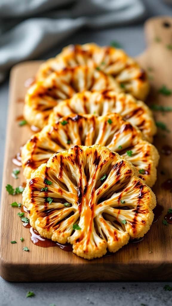 Grilled cauliflower steaks drizzled with teriyaki sauce on a wooden board.