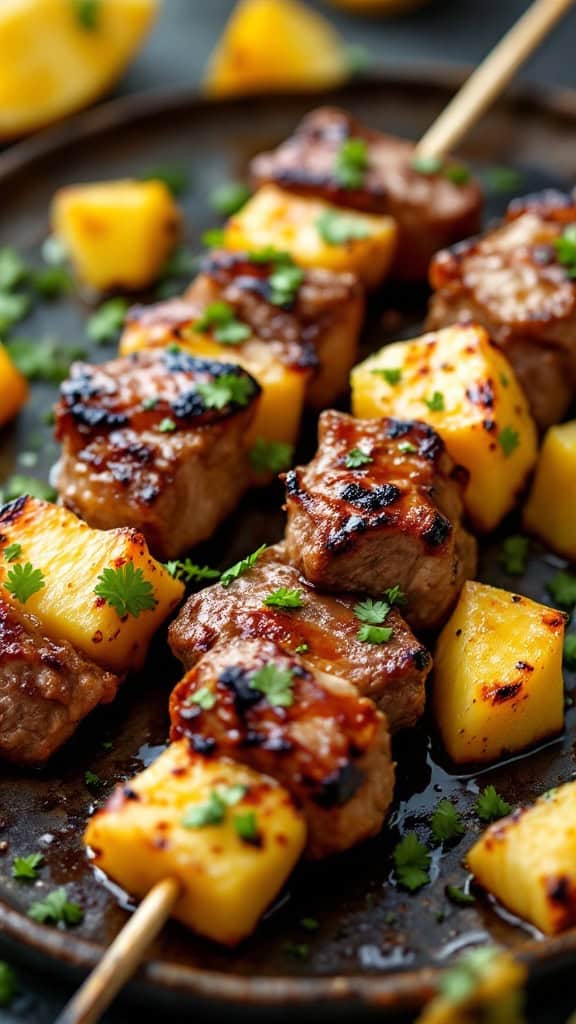 Teriyaki steak skewers with pineapple on a plate