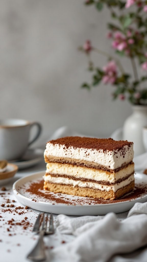 A delicious slice of Tiramisu Cake with coffee and mascarpone, garnished with cocoa powder.