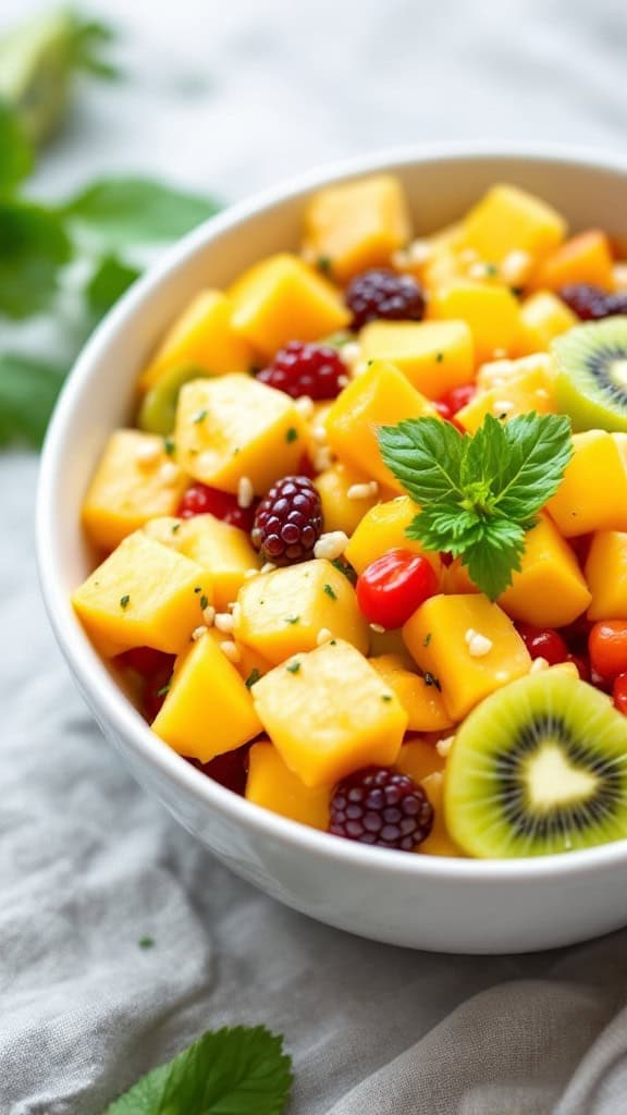 A colorful bowl of tropical fruit salad with mango, kiwi, and cherries.
