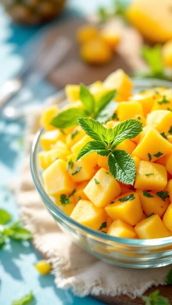 A bowl of tropical fruit salad featuring mango, pineapple, and mint leaves.
