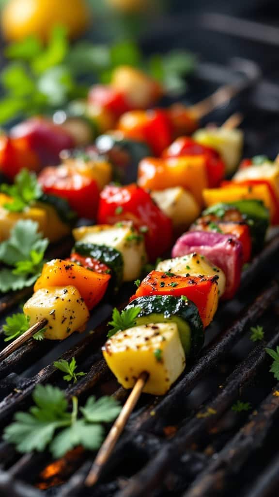 Colorful vegetable kebabs grilling on a barbecue