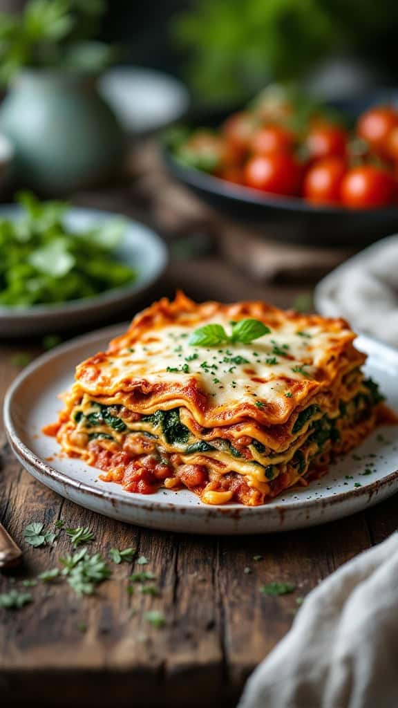 A slice of vegetable lasagna with fresh herbs on a plate.