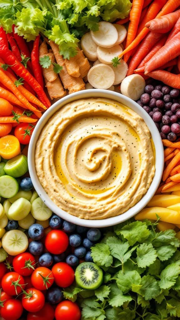A colorful vegetable platter featuring an array of fresh vegetables surrounding a bowl of hummus.