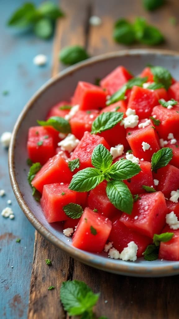 A bowl of watermelon feta salad garnished with mint leaves.
