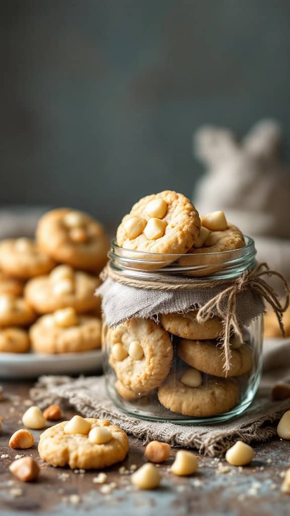 A jar filled with white chocolate macadamia nut cookies, with some cookies placed nearby.