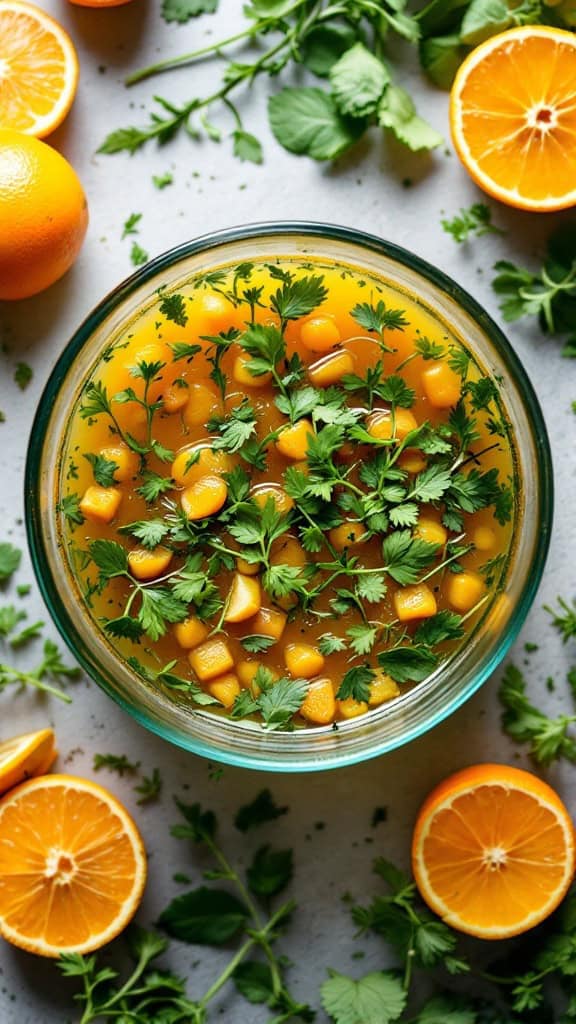 A bowl of citrus herb marinade with orange chunks and fresh herbs, surrounded by halved oranges.