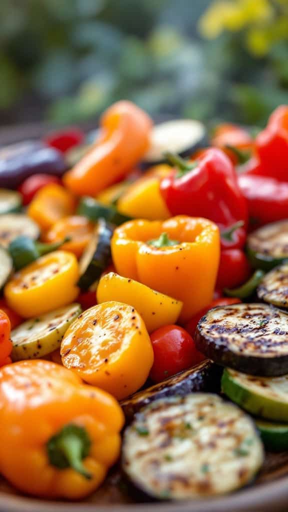 A colorful platter of grilled vegetables including red, yellow, and green peppers along with zucchini.