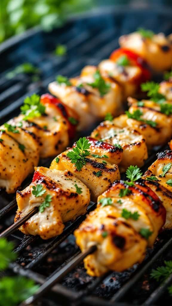 Grilled chicken skewers with lemon and herbs on a grill.