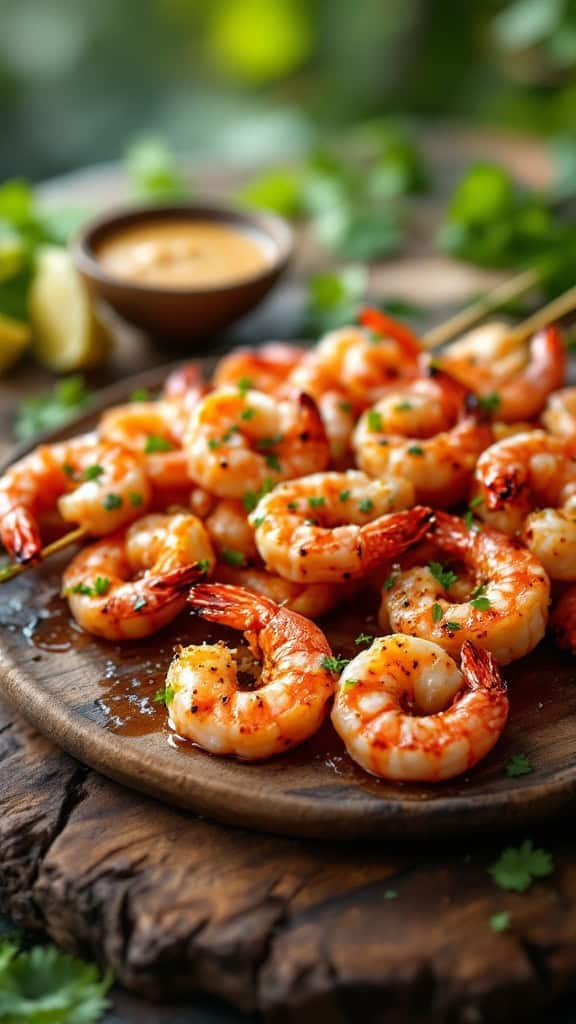 A plate of zesty marinated shrimp skewers with dipping sauce, garnished with herbs.