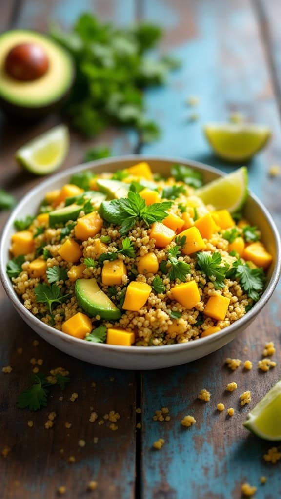 A bowl of quinoa salad with avocado, mango, and fresh herbs on a wooden table.