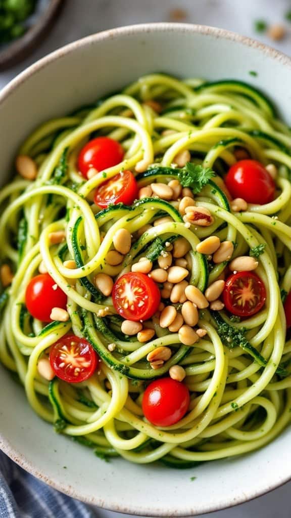 Bowl of zucchini noodles topped with pesto, cherry tomatoes, and pine nuts.