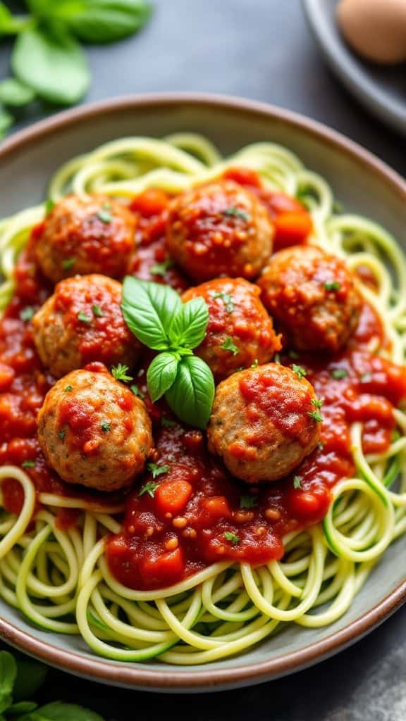 A bowl of zucchini noodles topped with turkey meatballs and marinara sauce, garnished with basil.