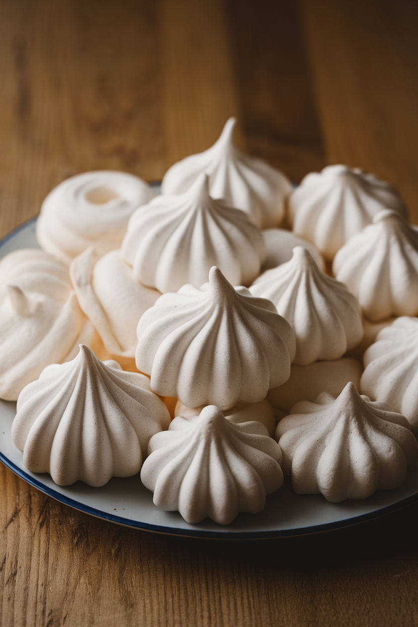Indoor photo of crisp white meringue cookies arranged on a plate, light catching their glossy peaks. No logos or text visible.