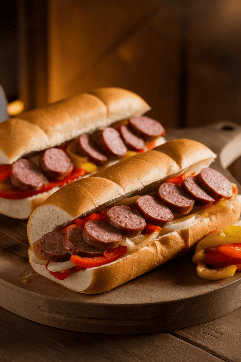 Warm indoor lighting over a platter of hoagie rolls stuffed with sliced cooked sausage, sautéed bell peppers, and onions, no text or logos on napkins or plates.