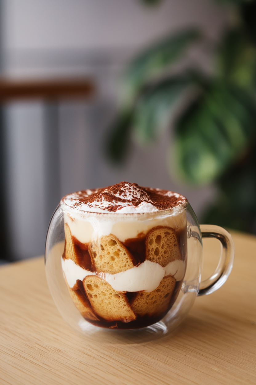 Indoor photo of a clear glass coffee cup layered with espresso-soaked ladyfinger pieces and mascarpone cream, dusted with cocoa powder on top. No logos or text.