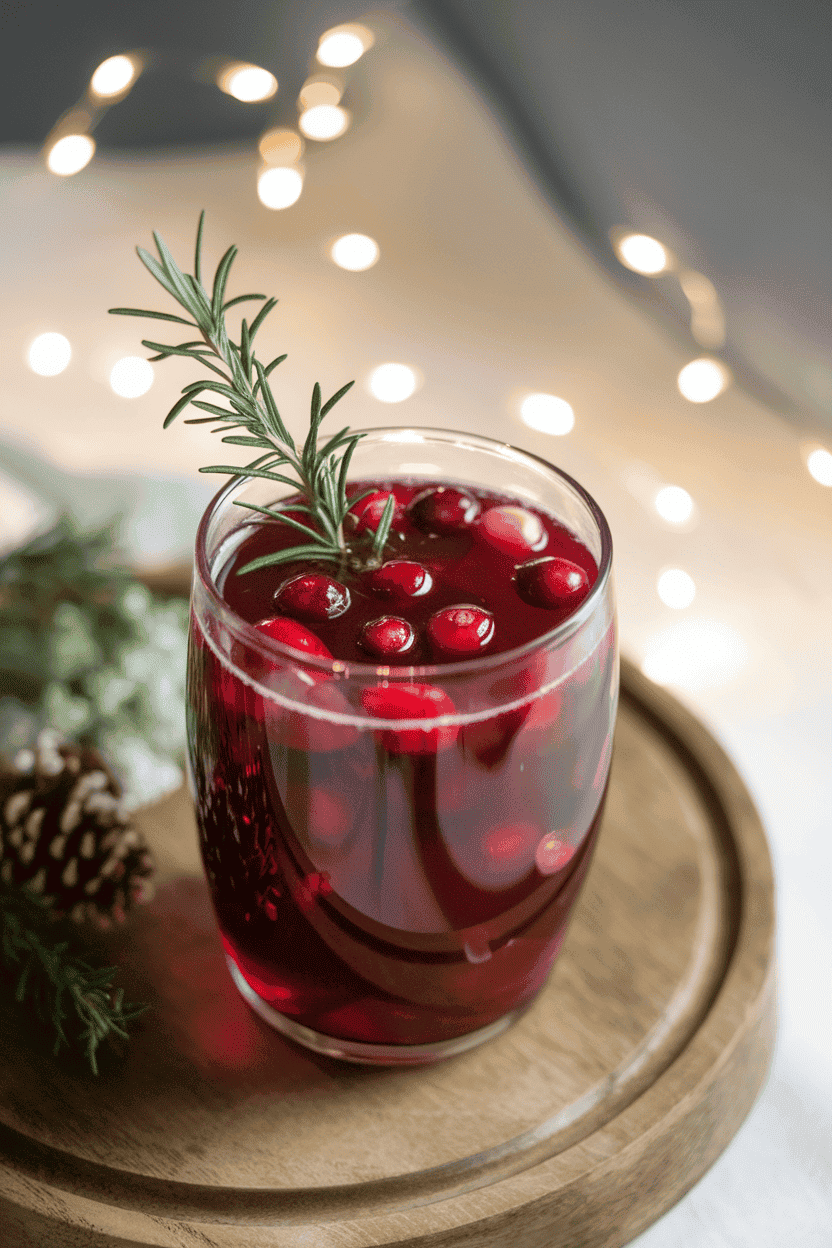 Photo, indoors, punch cup of ruby holiday punch, floating cranberries and a rosemary sprig, soft twinkle-light background. No text or logos.
