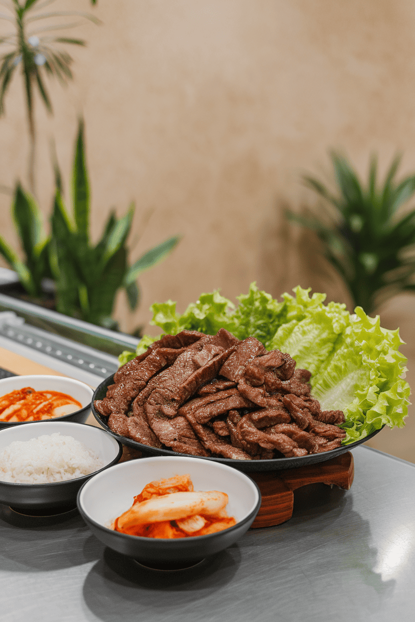 Indoor counter featuring a platter of cooked bulgogi beef strips, fresh butter lettuce leaves, and small bowls of rice and kimchi; no text or logos, photo depiction.