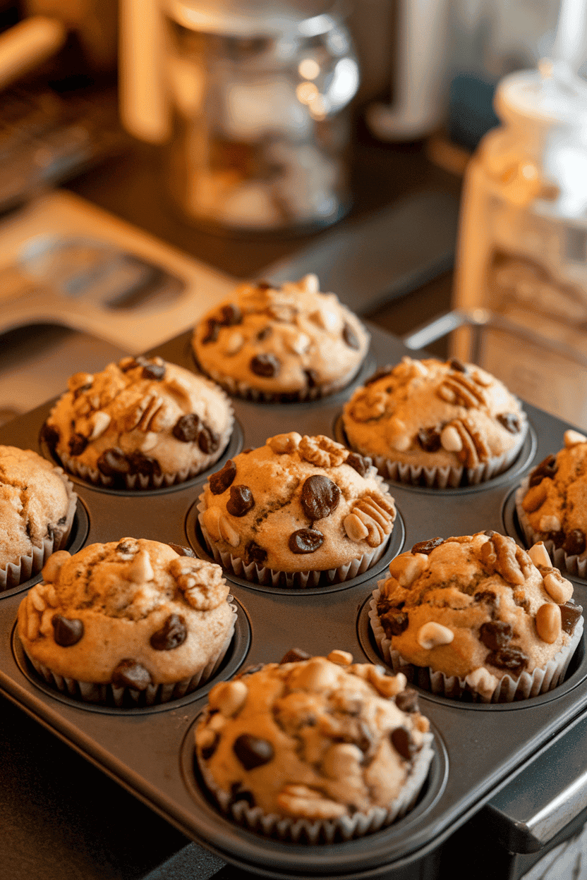 An indoor muffin tin filled with golden baked muffins studded with nuts, raisins, and chocolate chips; countertop setting, no logos, warm light. Photo, not illustration.