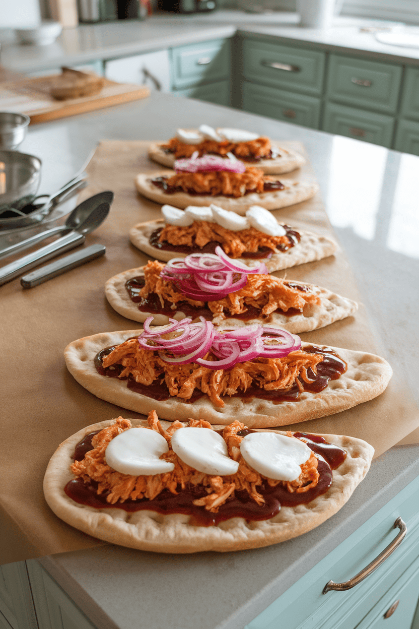 Indoor kitchen island with individual naan breads topped with barbecue sauce, shredded chicken, red onion slivers, and melted mozzarella. No text or logos.