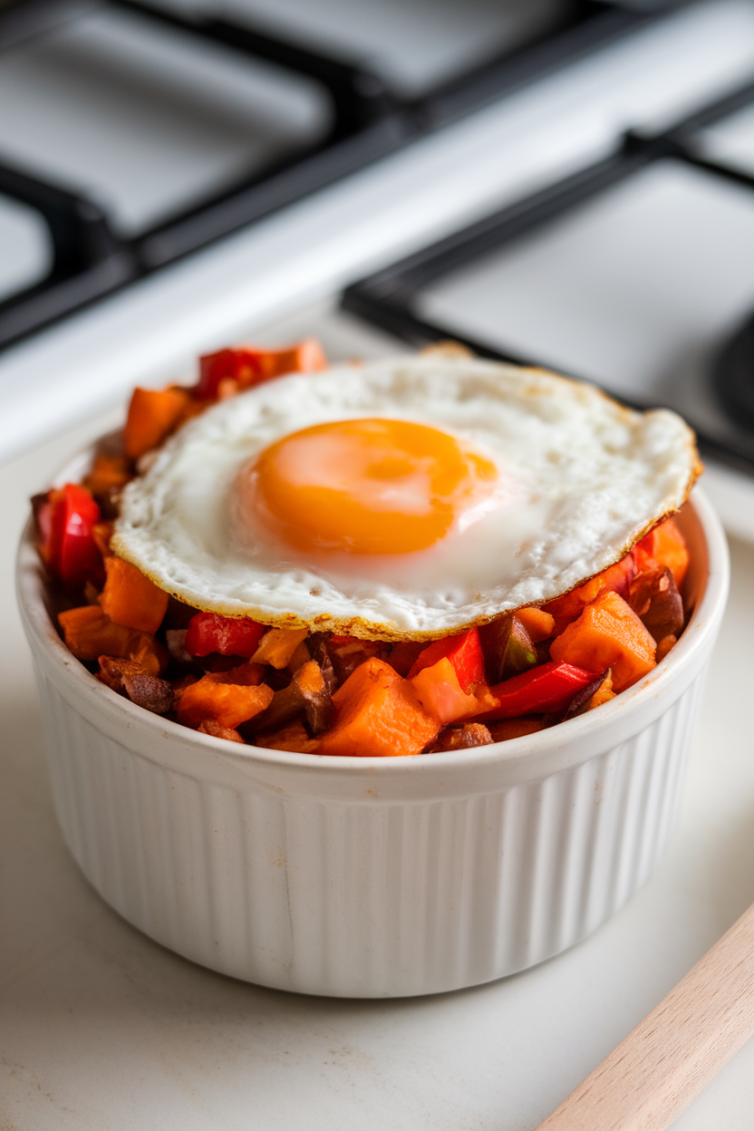 Indoor stovetop photo of a ramekin filled with cooked sweet potato hash mixed with bell peppers and onions, a fried egg on top. No text or logos.