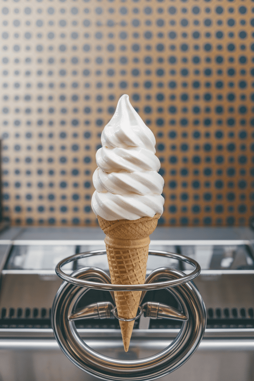An indoor ice-cream machine station presenting a vanilla soft-serve cone swirled high above a cake cone, slight sheen from cold. Photo, not illustration. No text or logos.