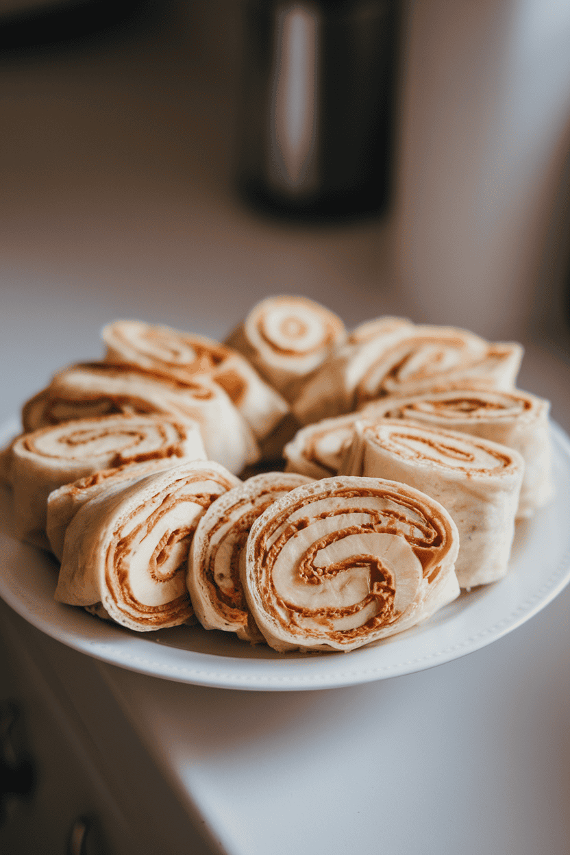 Photo indoors of sliced peanut butter and banana tortilla roll-ups neatly fanned out on a white plate. Soft kitchen lighting, no text or logos.