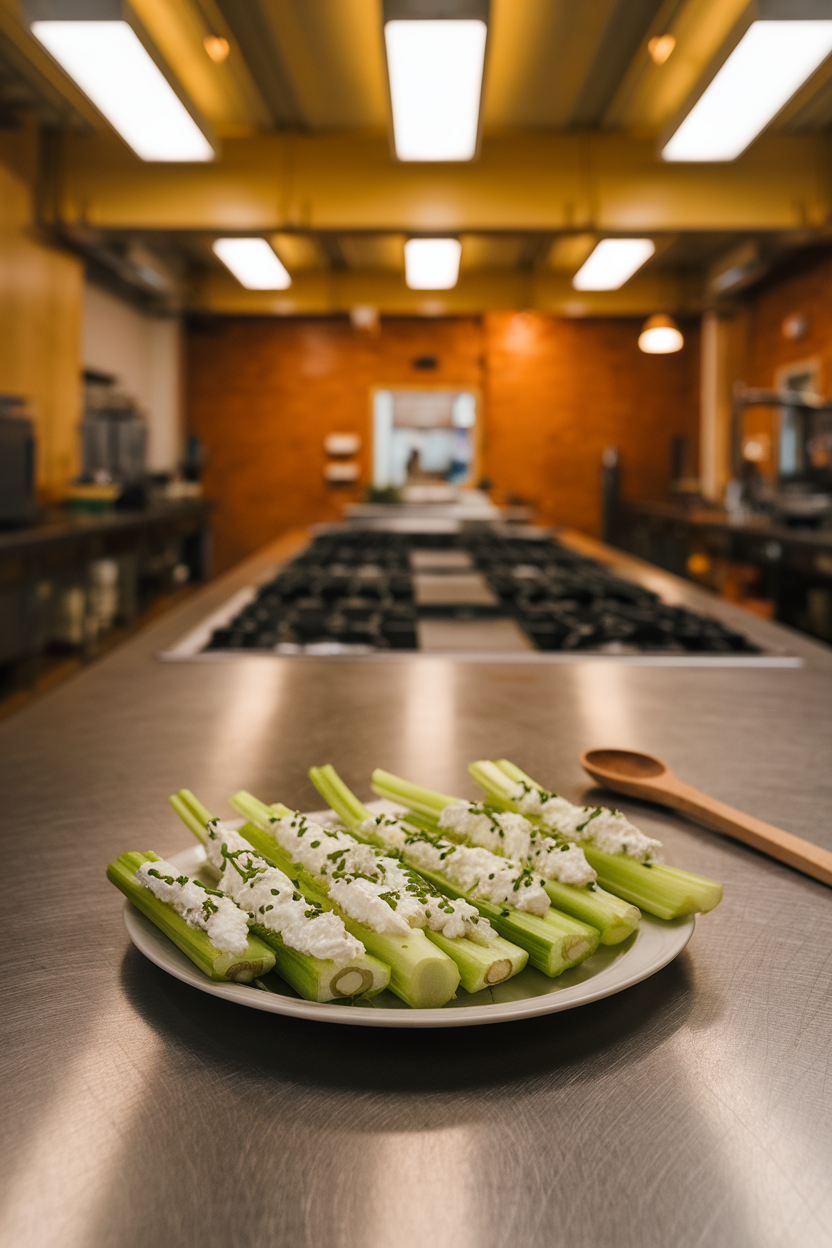 Photo — an indoor communal kitchen island with celery sticks stuffed with cottage cheese and sprinkled with chives. Warm overhead lighting; no text or logos.