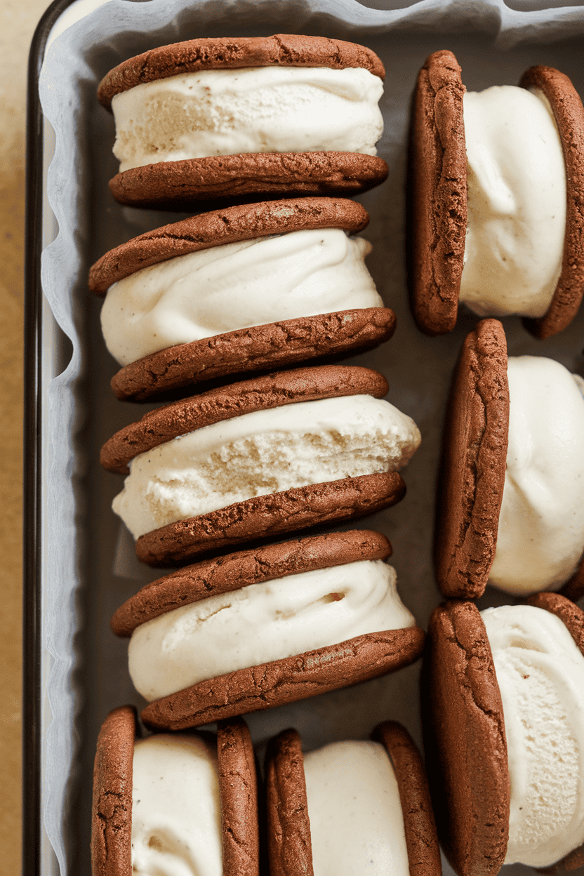 Indoor photo of homemade ice cream sandwiches—vanilla ice cream pressed between two chewy chocolate cookies—stacked on a chilled tray; no text or logos