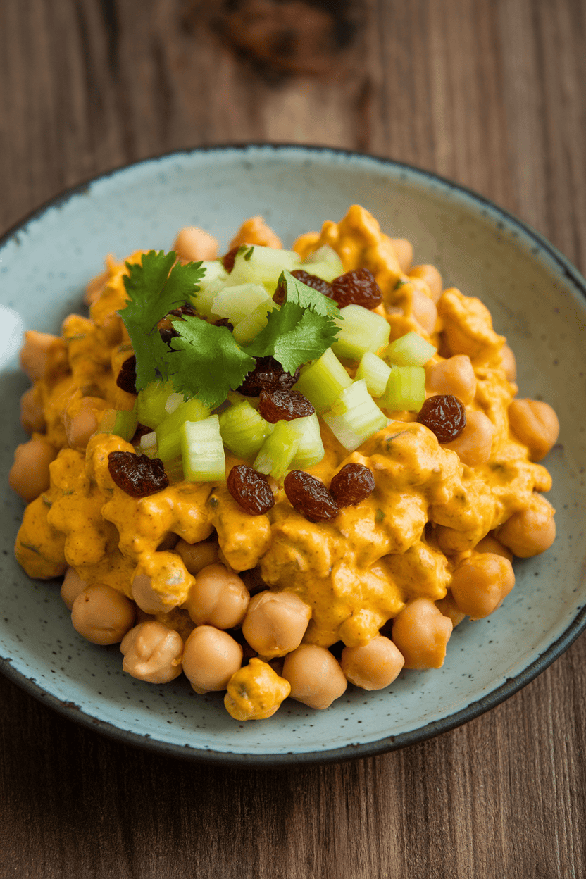 Indoor plate of chickpeas coated in creamy curry dressing with diced celery, raisins, and cilantro. Photo only, no text or logos.