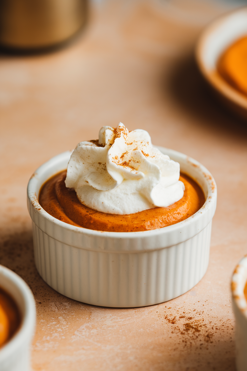 A ramekin of spiced pumpkin custard topped with whipped cream, photographed indoors. Photo, no text or logos anywhere.