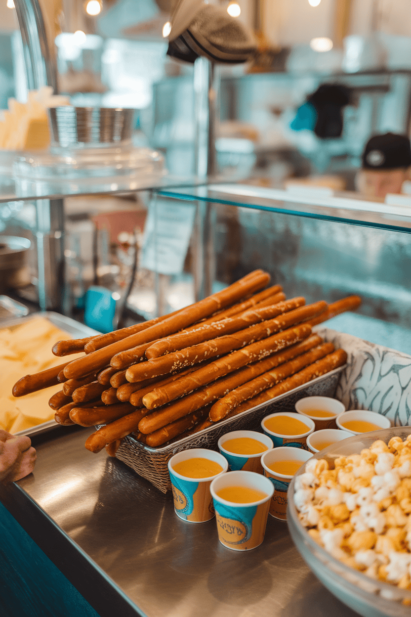 An indoor concession-style counter showing long, soft pretzel rods stacked in a basket beside individual mustard cups. No text or logos visible. Photo, not illustration.