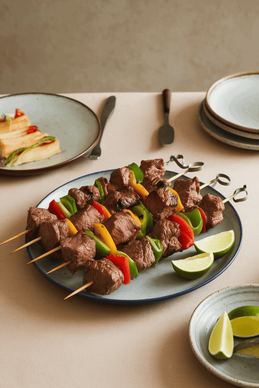 Indoor dining table with jerk-spiced beef kabobs, bits of charred scallion and bell pepper between cubes, lime wedges on the side. Photo only, no text or logos.