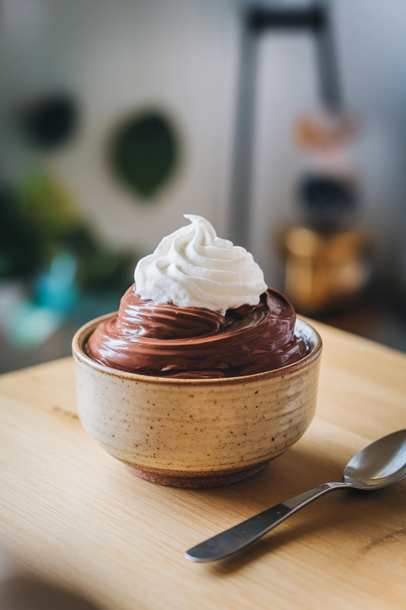 Indoor photo of a ceramic bowl of thick, glossy chocolate pudding with a swirl of whipped cream on top. No logos or text anywhere.