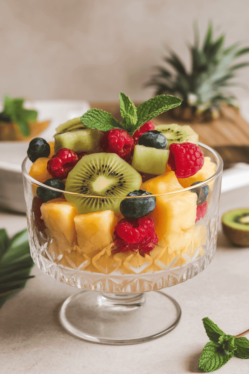 Indoor photo of a clear glass bowl layered with bite-size pineapple, berries, and kiwi lightly glazed, mint sprigs on top. No logos or text.