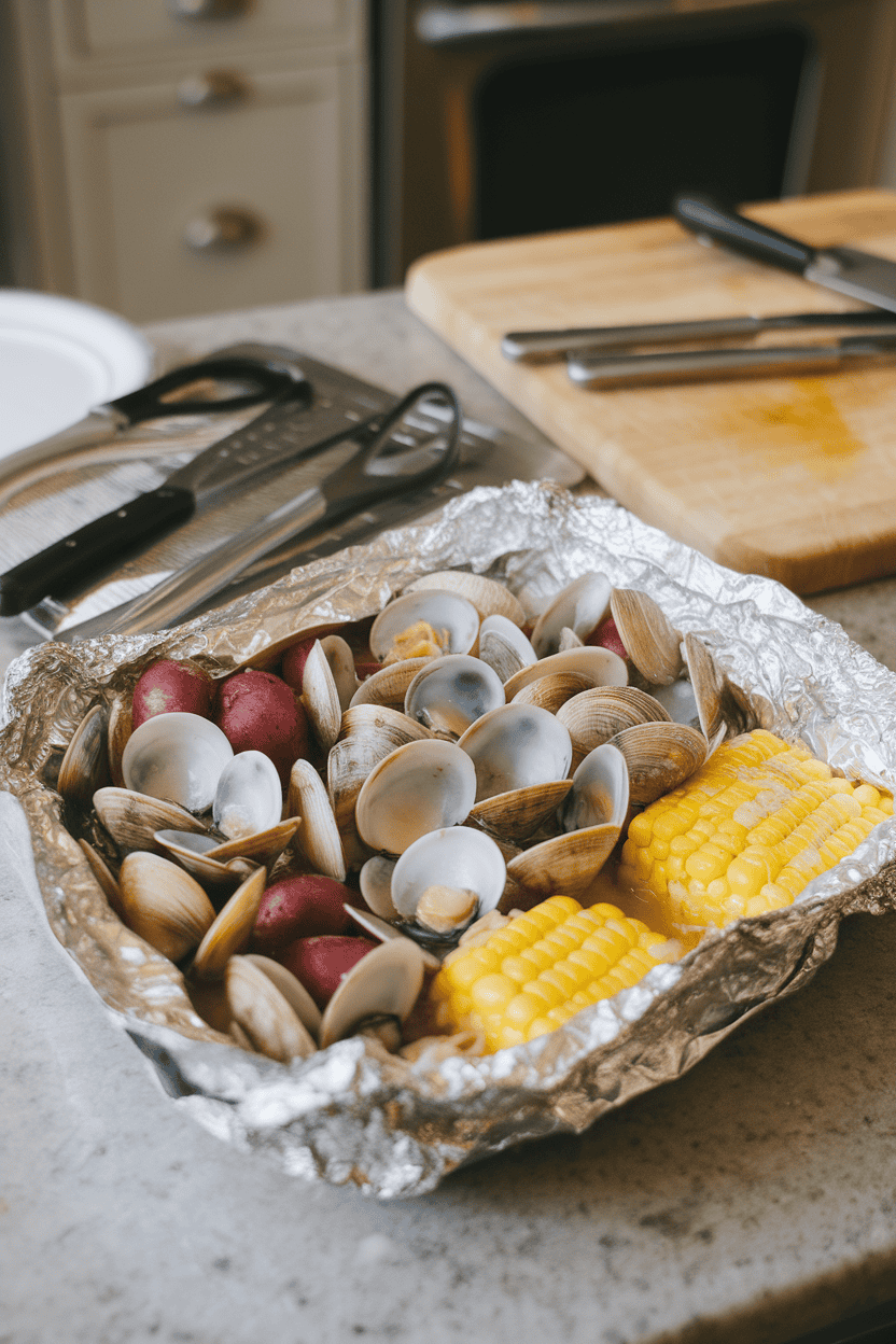 An indoor kitchen countertop with an opened foil packet revealing steamed clams, petite red potatoes, and corn slices glistening in garlic butter. No logos or text.
