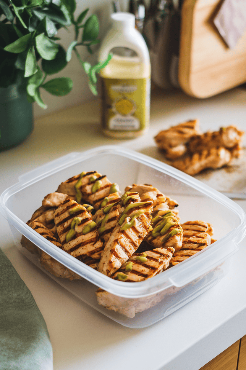 Indoor kitchen counter with a storage container of grilled chicken strips drizzled with lemon-lime marinade, ready for packing. No text or logos present.